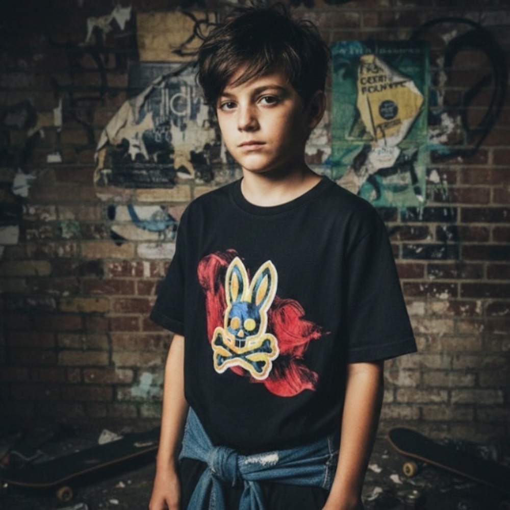 Psycho Bunny L 14/16 Kids Black Graphic T Shirt Cotton Logo Tee grunge‎ skater